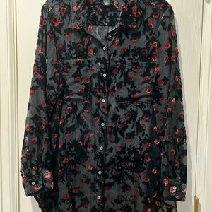 Womens Black Red Flowered Velvet Burnout Sheer Tunic Top Sz L Dark Fairy Grunge